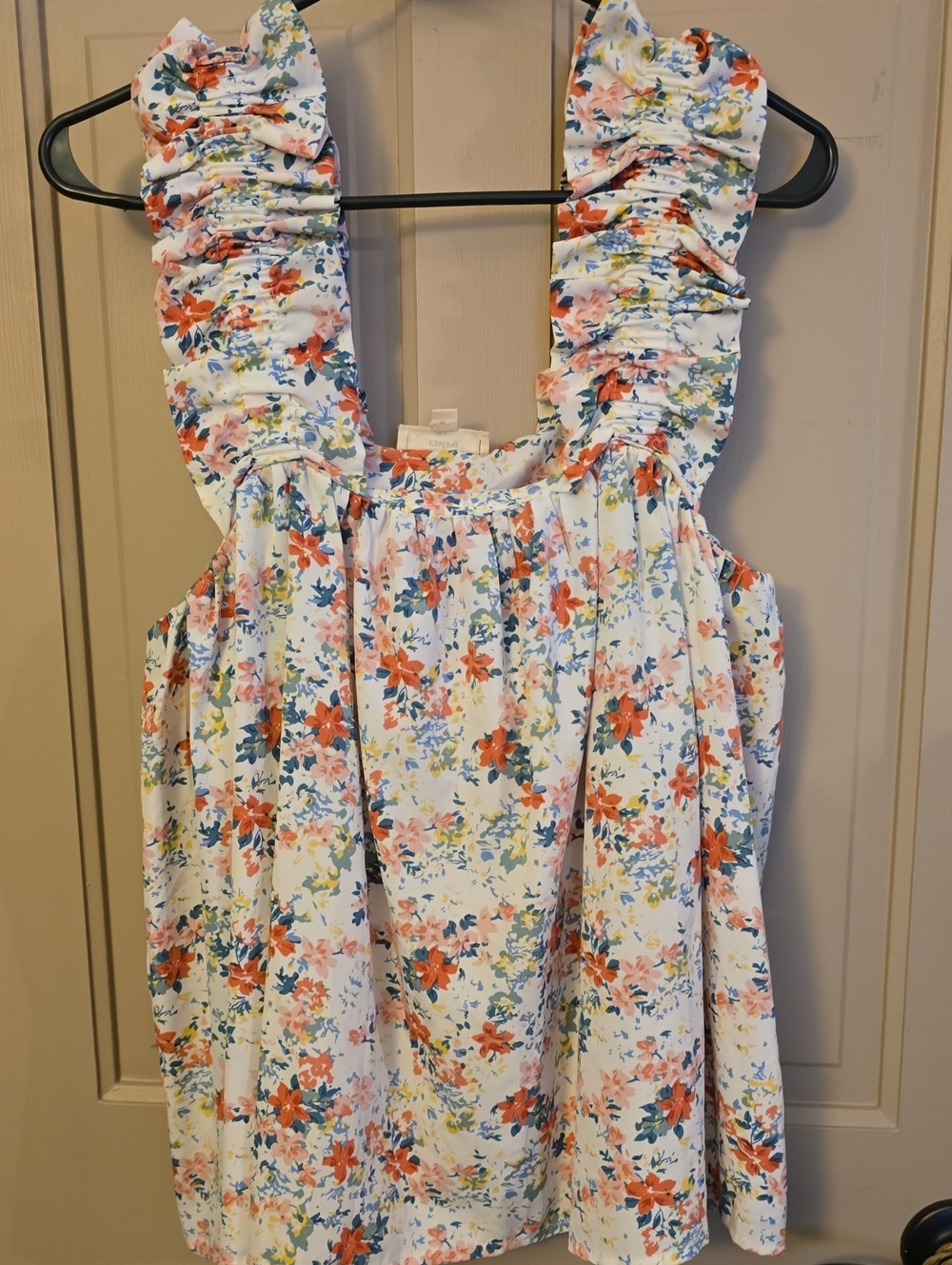 Floral Ruffle-Strap Women’s Tank Top - White with Coral & Blue Floral